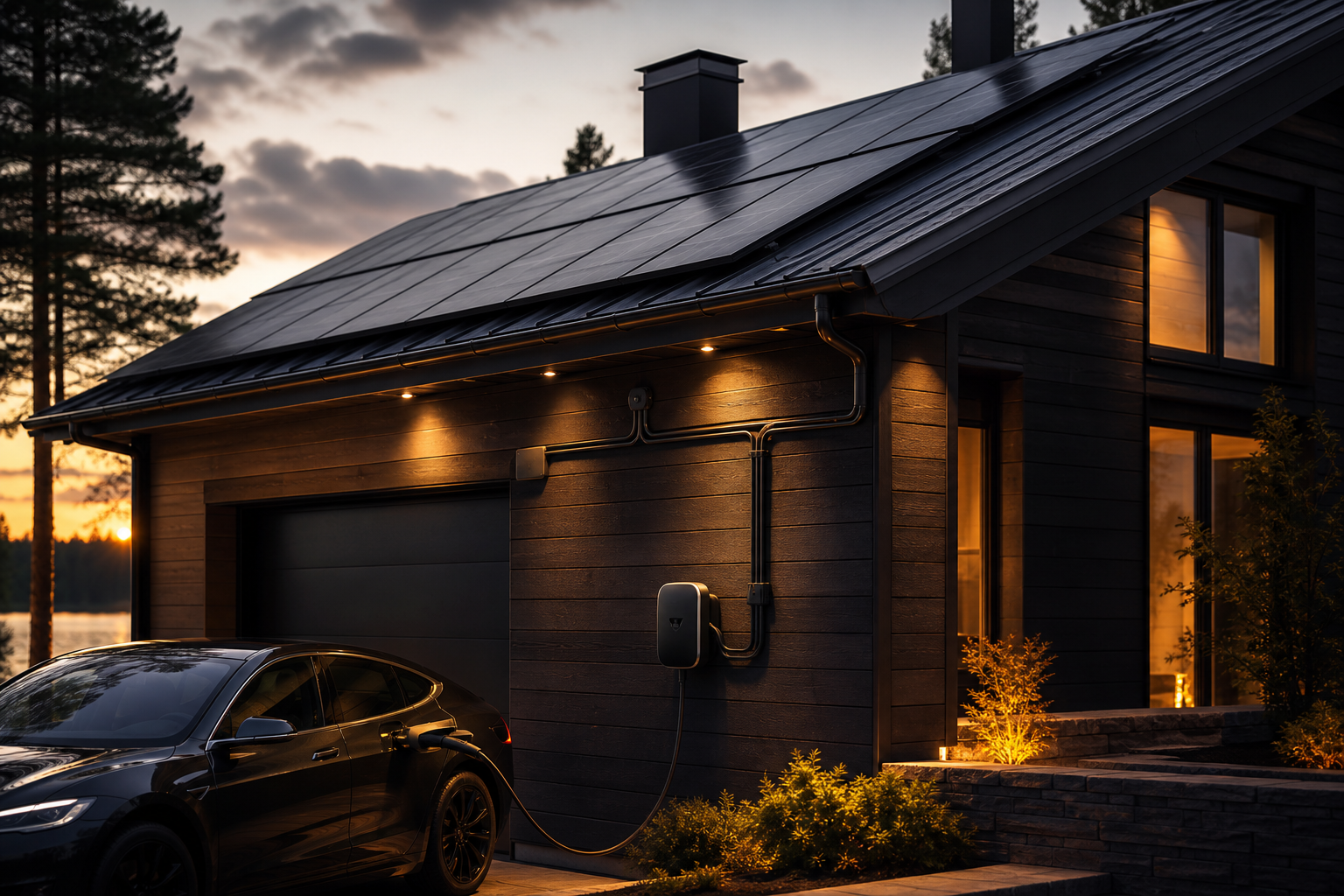 Villa med solpaneler och laddbox installerad vid uppfart