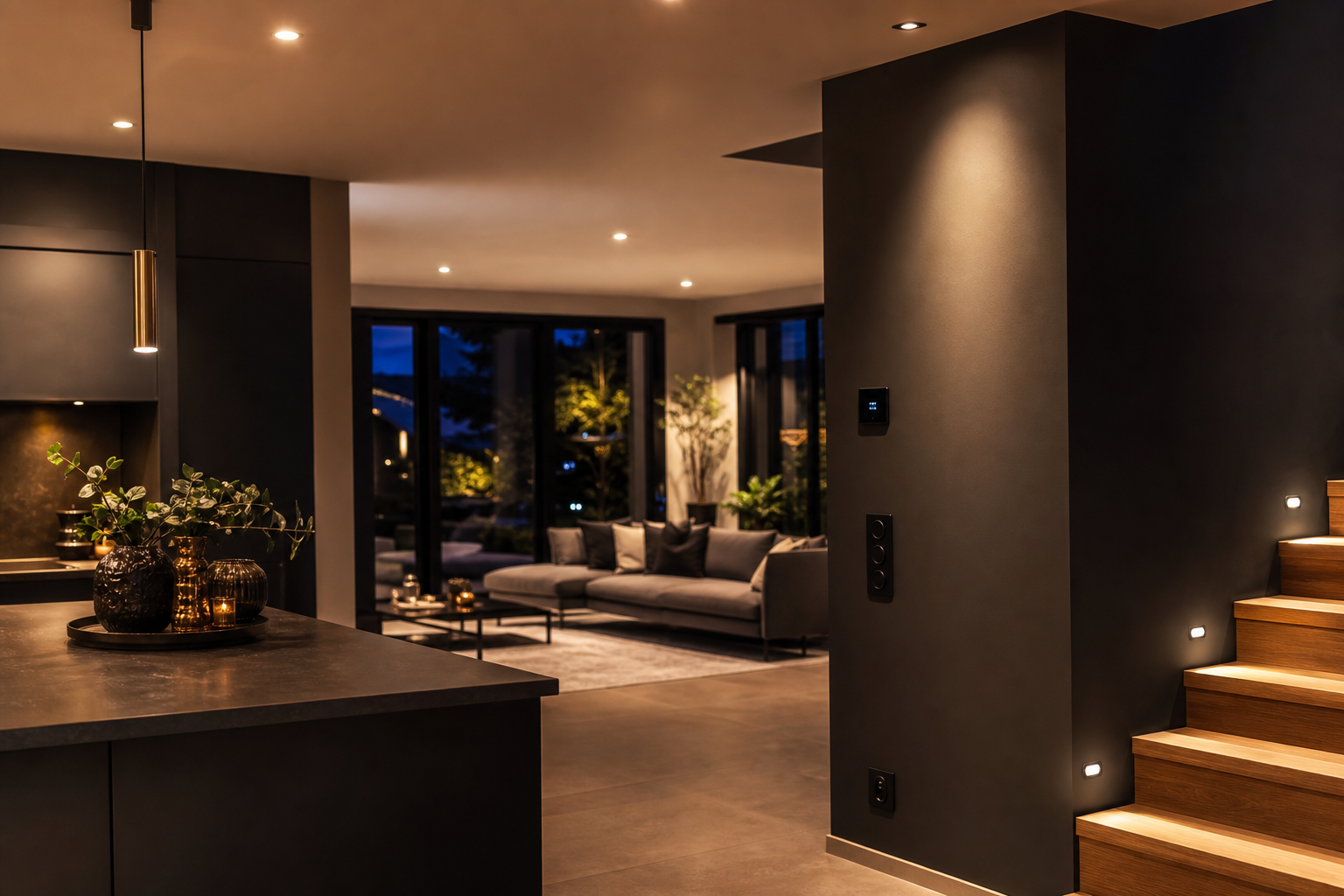 Modern elinstallation med spotlights och varm belysning i hem