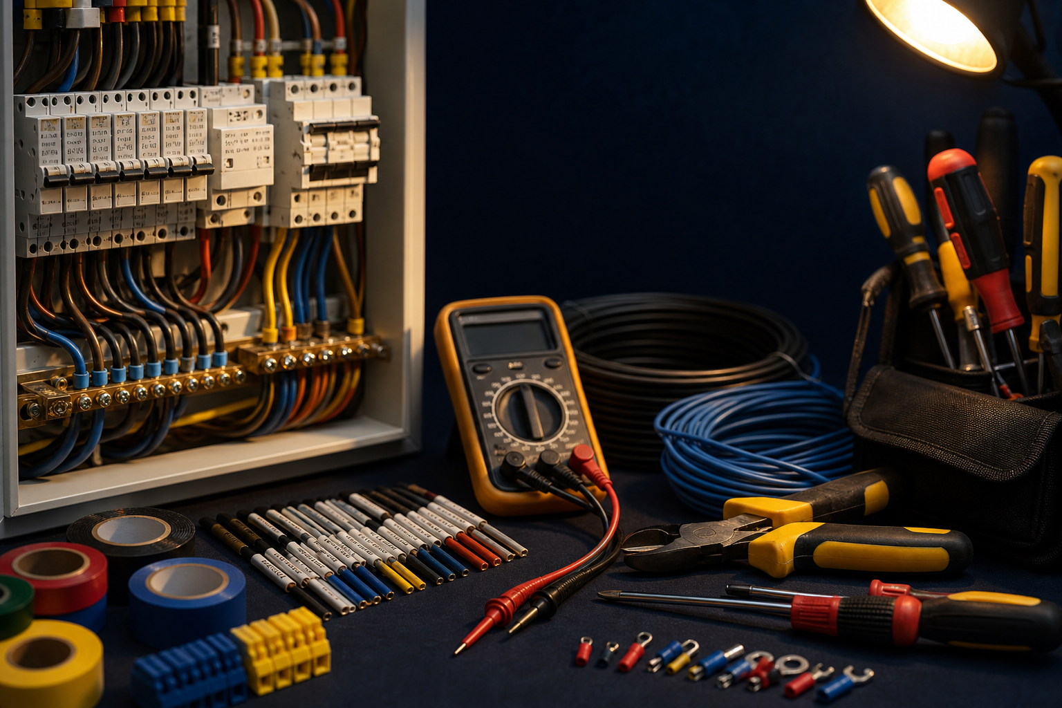 Elektrikerverktyg, mätinstrument och elcentral inför installation